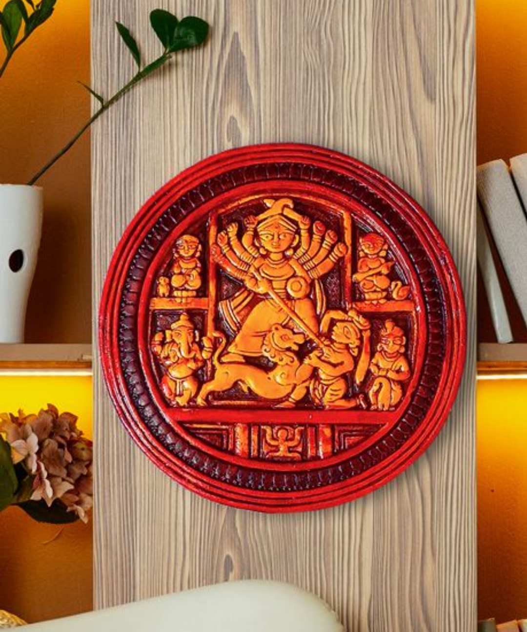 HANDMADE TERRACOTTA GODDESS DURGA WITH FAMILY WALL DECOR FOR HOME DECORATION