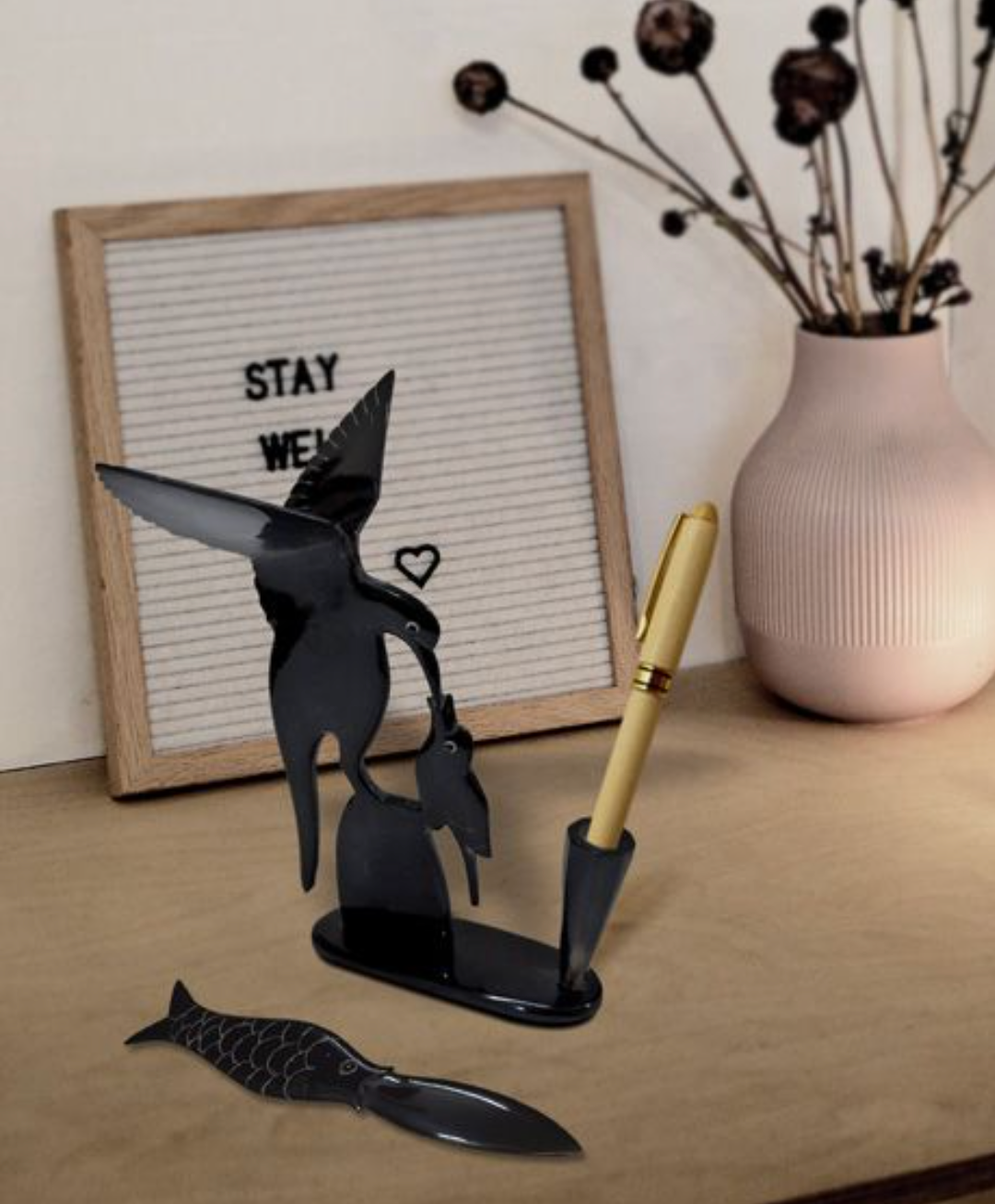 HORNCRAFT MOTHER BIRD FEEDING BABY PEN STAND WITH PAPER KNIFE