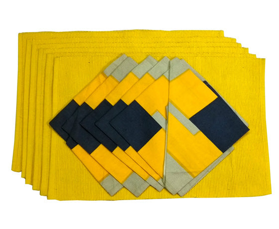YELLOW SQUARE TABLE MATS AND HAND TOWELS - SOFT HANDLOOM COTTON-SET OF 6