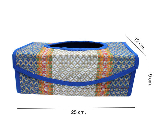 NATURAL BRIGHT BLUE TISSUE BOX HOLDER MADE OF MADURKATHI / REED / RIVER GRASS
