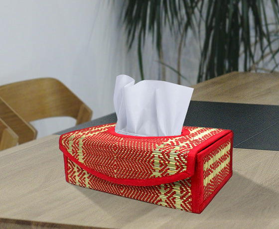 NATURAL BRIGHT RED TISSUE BOX HOLDER MADE OF MADURKATHI / REED / RIVER GRASS