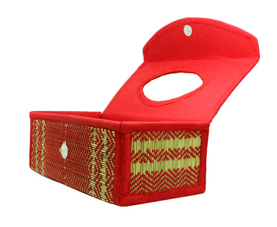 NATURAL BRIGHT RED TISSUE BOX HOLDER MADE OF MADURKATHI / REED / RIVER GRASS
