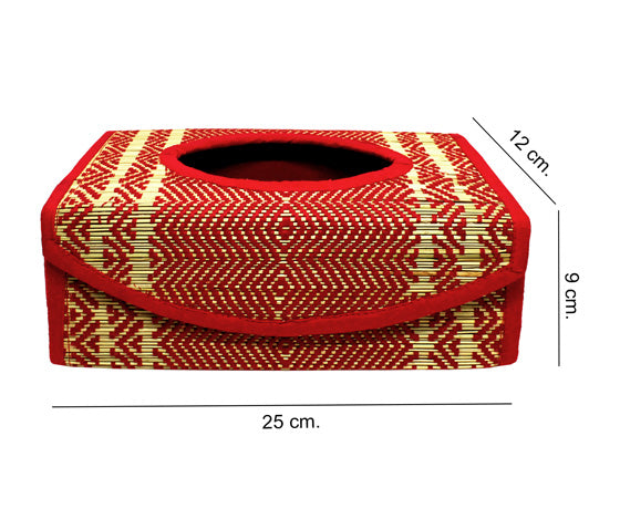NATURAL BRIGHT RED TISSUE BOX HOLDER MADE OF MADURKATHI / REED / RIVER GRASS
