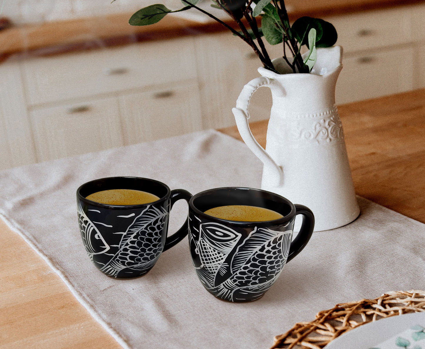 PATACHITRA HAND PAINTED CERAMIC TEA CUP(SET OF 2)- FISH MOTIF - BLACK AND WHITE COMBINATION