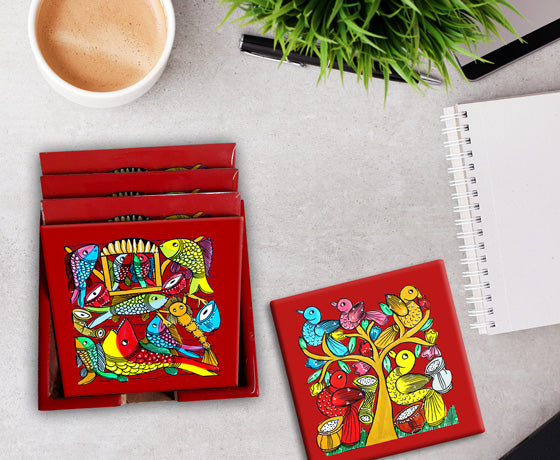 THE BIRD" COLOURFUL PATACHITRA ART COASTER SET OF 4 MADE OF WOOD-Red