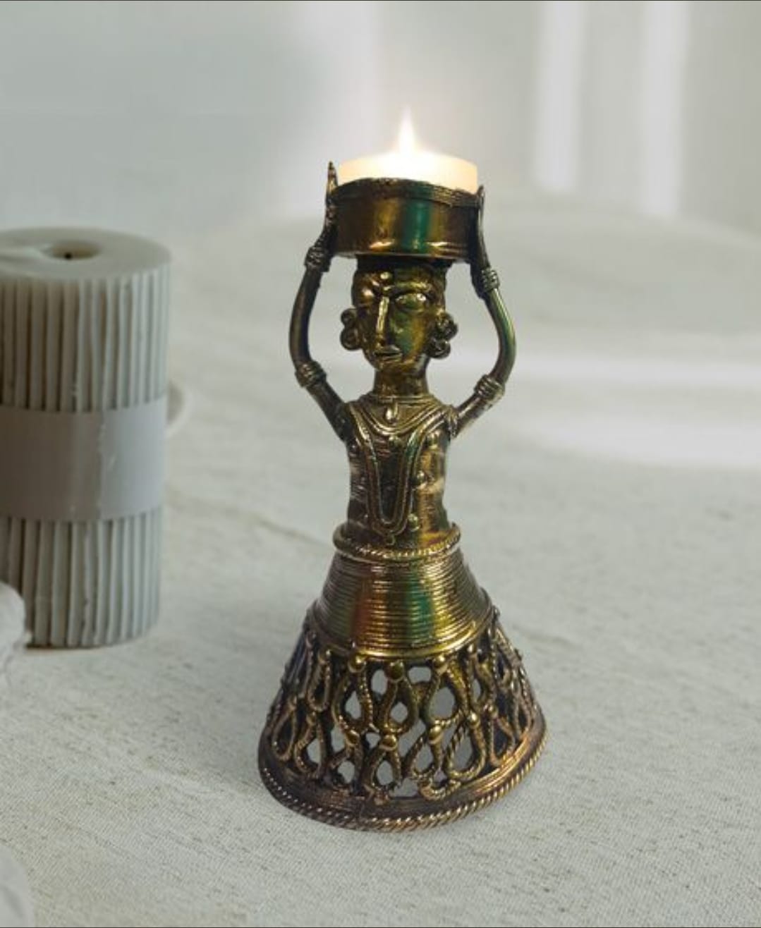 HANDMADE DOKRA BRASS TRIBAL LADY STANDING SHOWPIECE