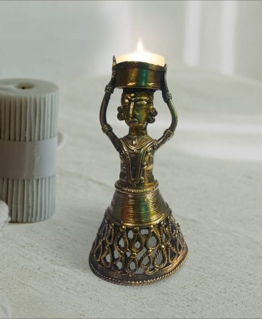 HANDMADE DOKRA BRASS TRIBAL LADY STANDING SHOWPIECE