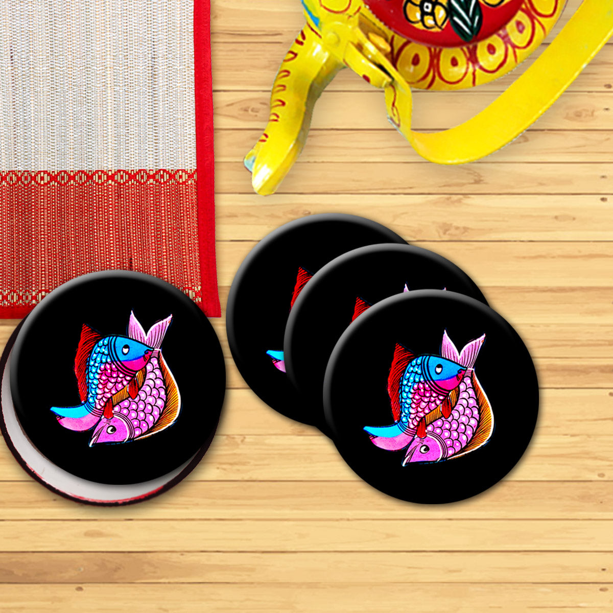 FISH N FISH" ROUND COLOURFUL PATACHITRA ART COASTER SET OF 4 - MADE OF WOOD-Black