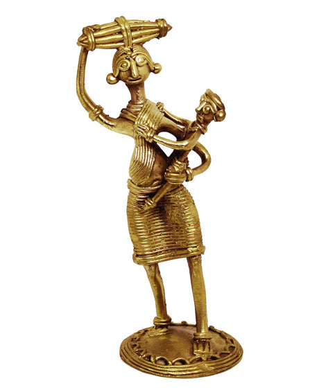 HANDMADE DOKRA BRASS MOTHER WITH CHILD - TRADITIONAL TRIBAL ART SHOWPIECE