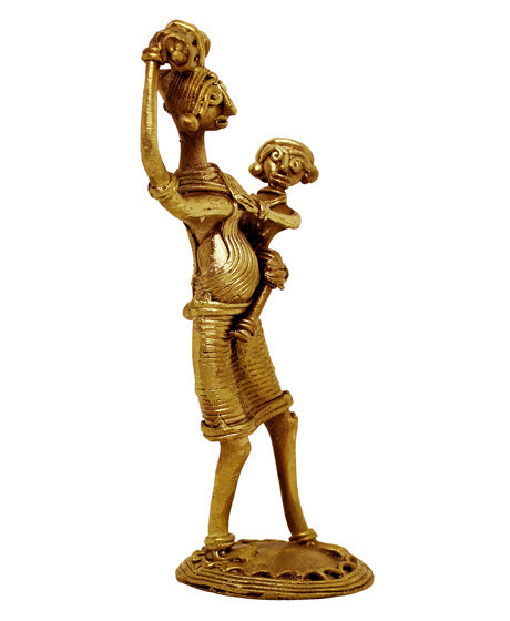 HANDMADE DOKRA BRASS MOTHER WITH CHILD - TRADITIONAL TRIBAL ART SHOWPIECE
