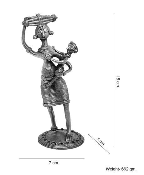 HANDMADE DOKRA BRASS MOTHER WITH CHILD - TRADITIONAL TRIBAL ART SHOWPIECE