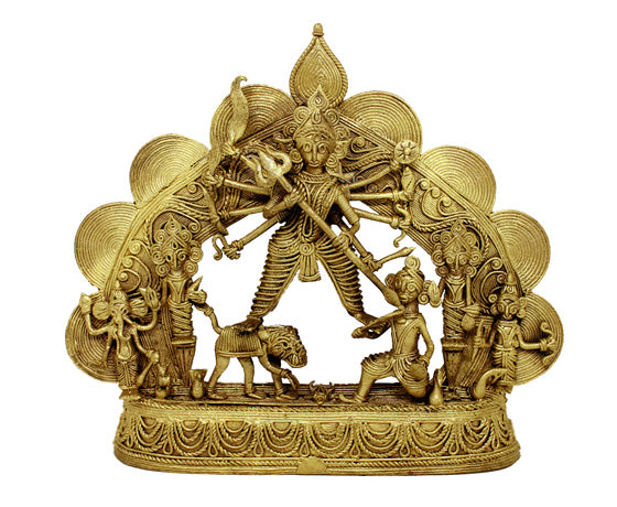 DOKRA MA DURGA WITH HER CHILDREN - TRADITIONAL TRIBAL ART SHOWPIECE