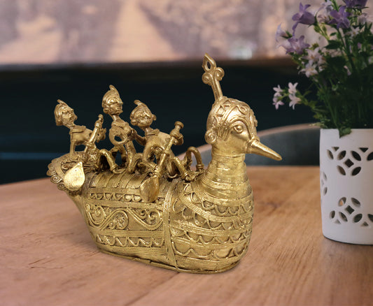 HANDMADE DOKRA BRASS BOAT ROWING - TRADITIONAL TRIBAL ART SHOWPIECE