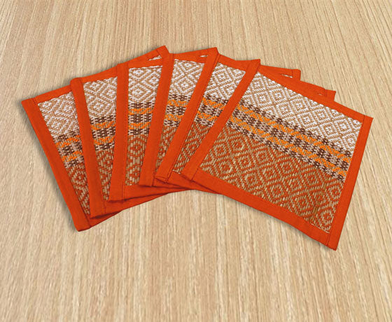 6 SET OF NATURAL ORANGE BROWN WHITE COASTERS MADE OF MADURKATHI / REED / RIVER GRASS