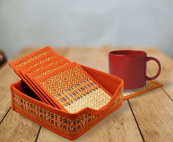 6 SET OF NATURAL ORANGE BROWN WHITE COASTERS MADE OF MADURKATHI / REED / RIVER GRASS