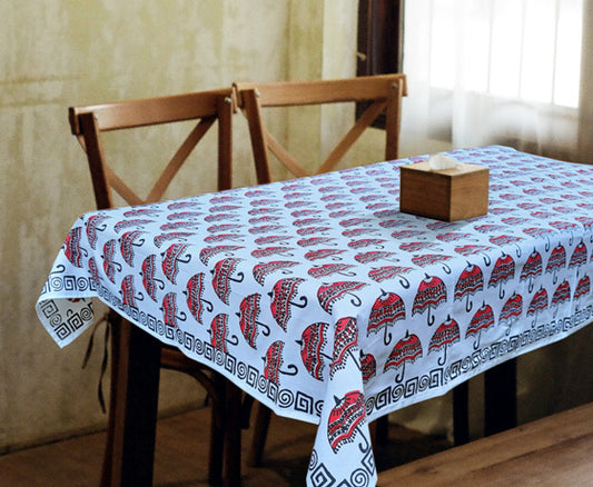 RED & BLACK UMBRELLA MOTIF HAND BLOCK PRINTED COTTON TABLE COVER