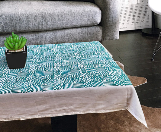 HAND BLOCK PRINTED GEOMETRICAL MOTIF COTTON TABLE COVER-BLUE