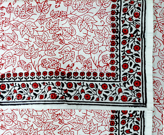 RED LEAF HAND BLOCK PRINTED PURE COTTON TABLE COVER
