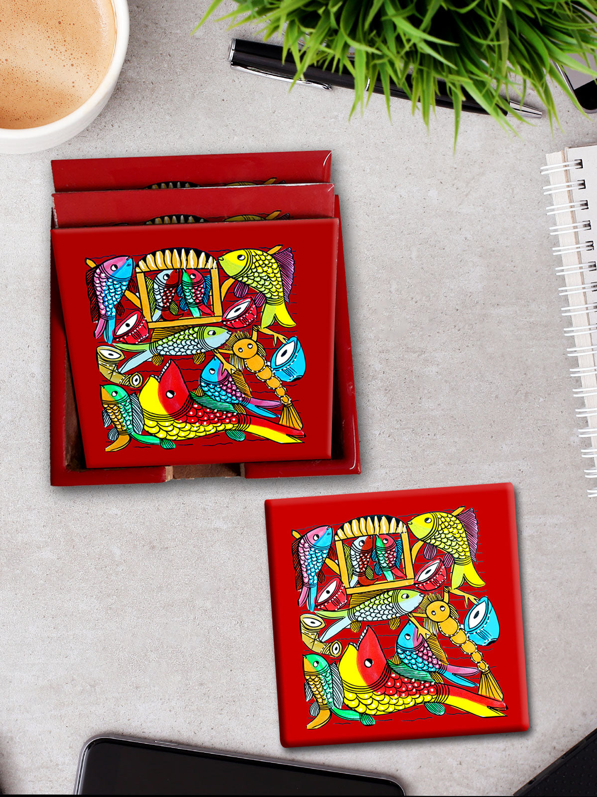 THE FISH STORY COLOURFUL PATACHITRA ART COASTER SET MADE OF WOOD-Red