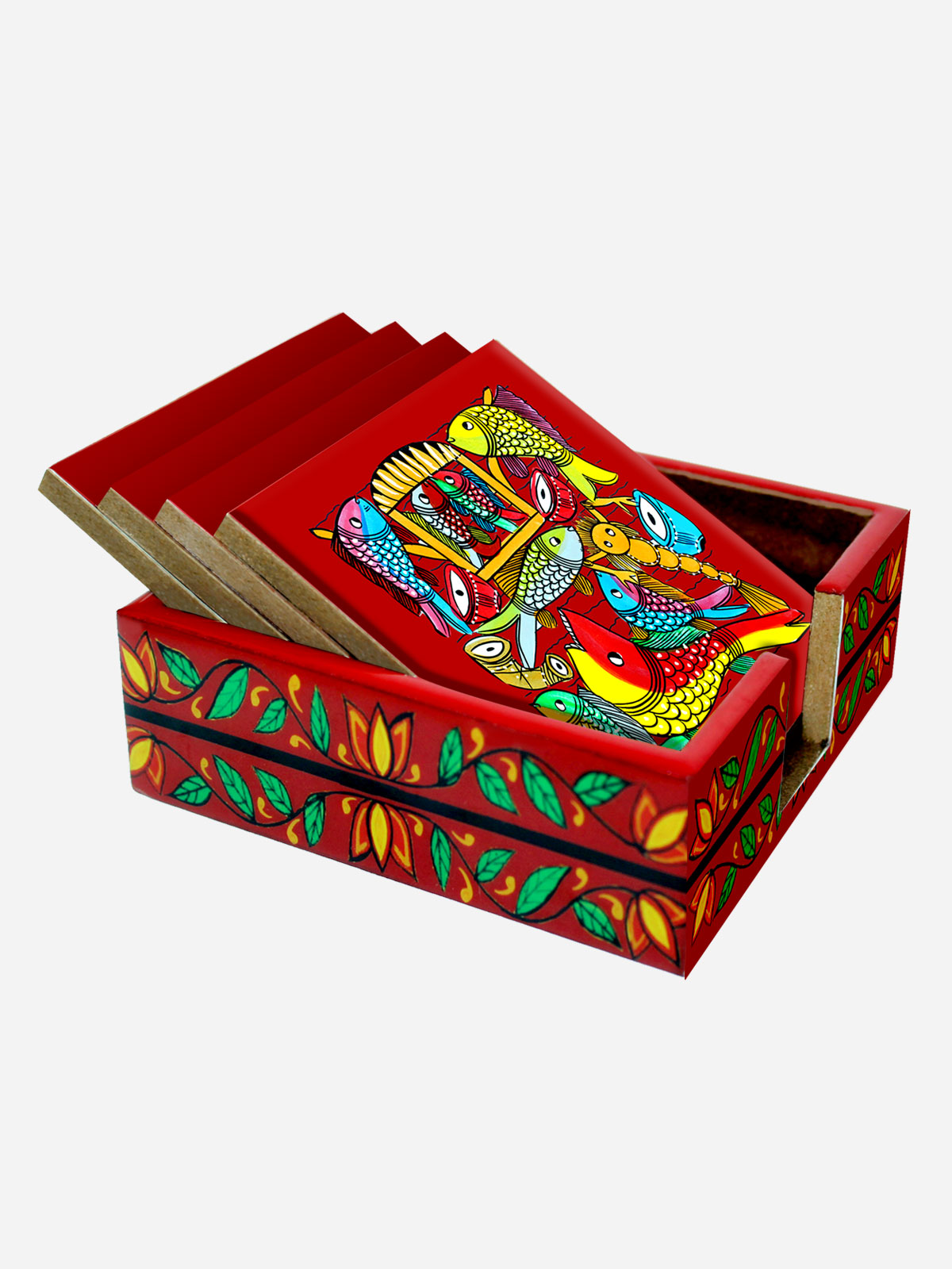 THE FISH STORY COLOURFUL PATACHITRA ART COASTER SET MADE OF WOOD-Red