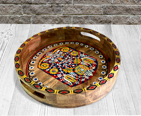 UNIQUE HAND PAINTED CIRCULAR SERVING TRAY MADE OF MANGO WOOD-Design 5