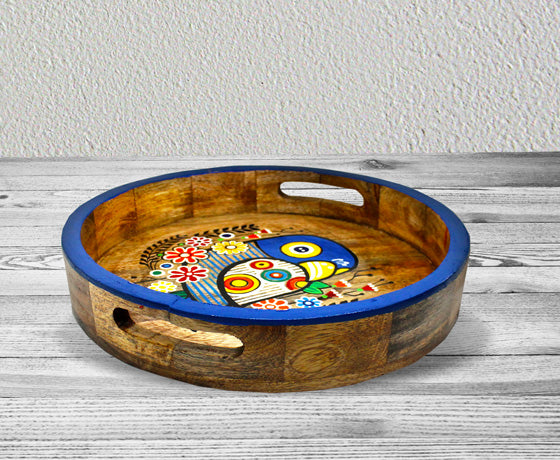 UNIQUE HAND PAINTED CIRCULAR SERVING TRAY MADE OF MANGO WOOD-Design 4