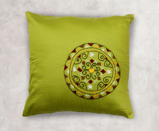 Hand Embroidery Floral Motif Olive Green Cotton Cushion Cover