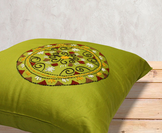 Hand Embroidery Floral Motif Olive Green Cotton Cushion Cover