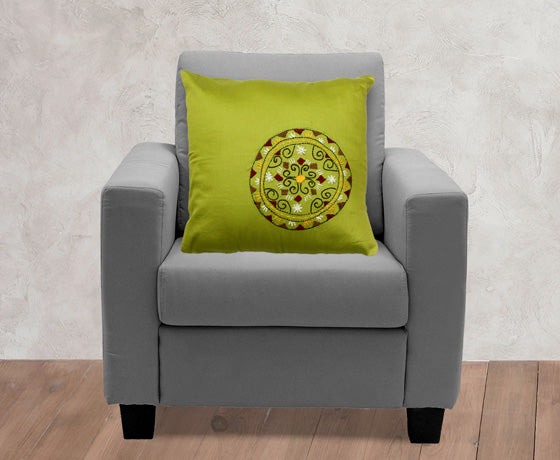 Hand Embroidery Floral Motif Olive Green Cotton Cushion Cover