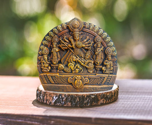 TERRACOTTA GODDESS DURGA WITH FAMILY WALL DECOR- COLOUR BROWN