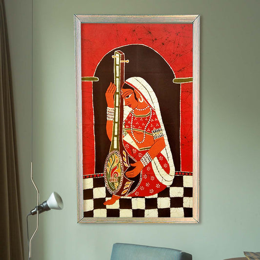 WOMAN PLAYING VEENA WALL HANGING- BATIK