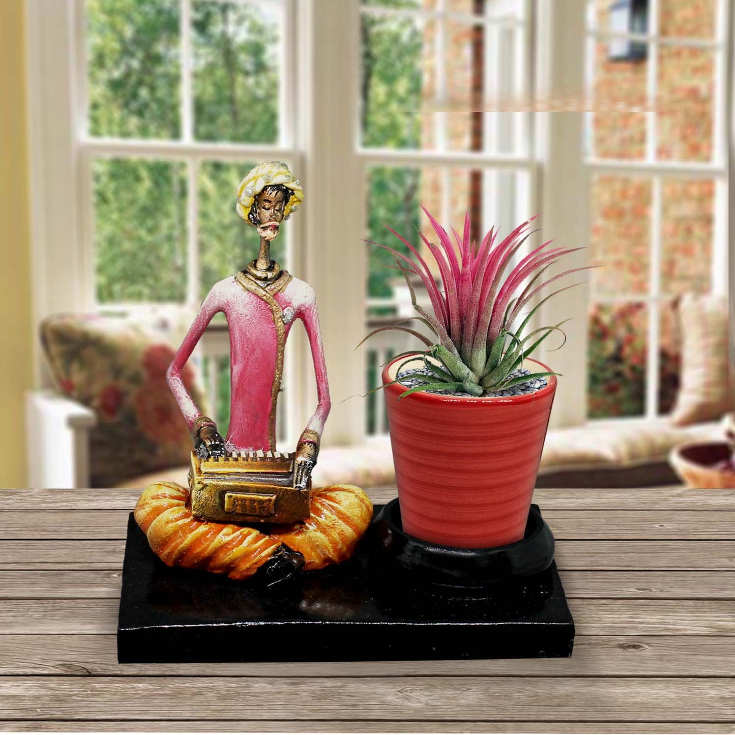 MUSICIAN MAN WITH HARMONIUM WITH CERAMIC CONTAINER FLOWER POT OR PEN STAND