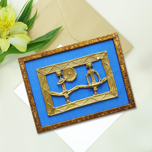 HANDMADE DOKRA METAL TWO MUSICIANS IN A WOODEN FRAME-BLUE