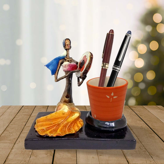 FEMALE MUSICIAN PLAYING TAMBOURINE WITH CERAMIC CONTAINER FLOWER POT OR PEN STAND
