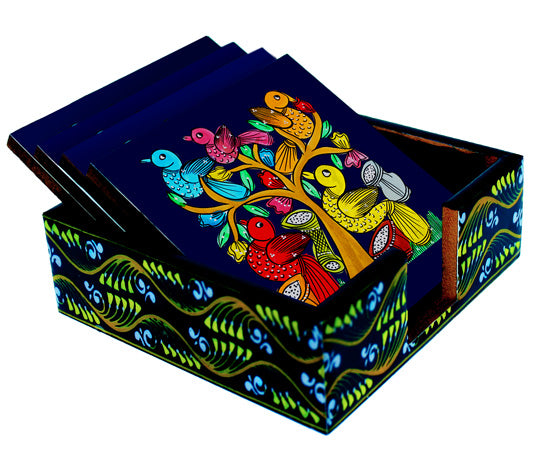 THE BIRD" COLOURFUL PATACHITRA ART COASTER SET OF MADE OF WOOD-Blue