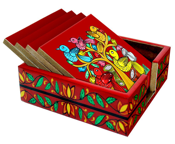 THE BIRD" COLOURFUL PATACHITRA ART COASTER SET OF 4 MADE OF WOOD-Red
