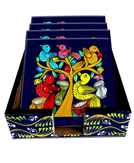 THE BIRD" COLOURFUL PATACHITRA ART COASTER SET OF MADE OF WOOD-Blue