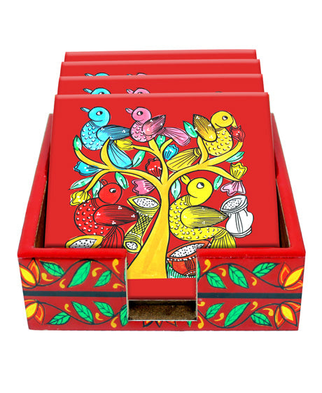 THE BIRD" COLOURFUL PATACHITRA ART COASTER SET OF 4 MADE OF WOOD-Red