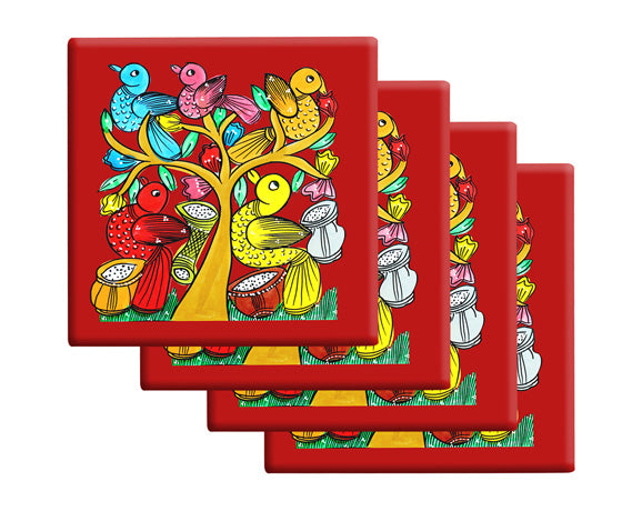 THE BIRD" COLOURFUL PATACHITRA ART COASTER SET OF 4 MADE OF WOOD-Red