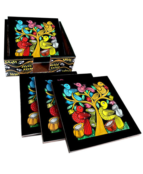 THE BIRD COLOURFUL PATACHITRA ART COASTER SET MADE OF WOOD-Black