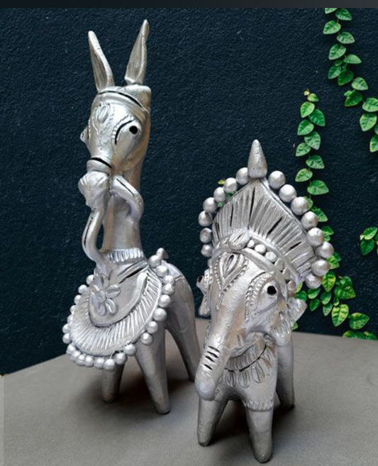 ATTRACTIVE HANDMADE TERRACOTTA HORSE & ELEPHANT SHOWPIECE- COLOURED