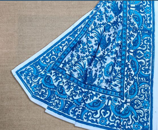 BEAUTIFUL BIRD AND FLOWER MOTIF HAND BLOCK PRINTED COTTON TABLE COVER-BLUE