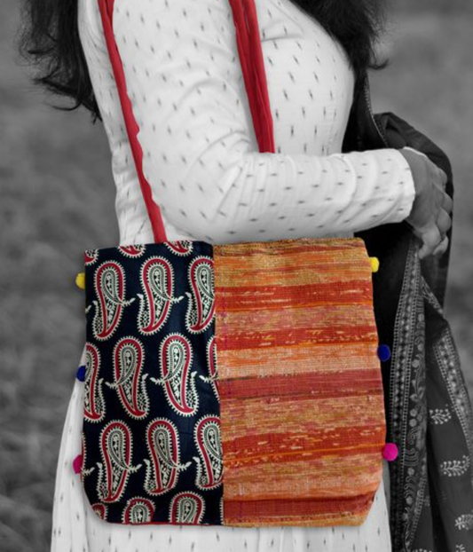 HANDMADE BLACK ORANGE BAG WITH EMBROIDERY