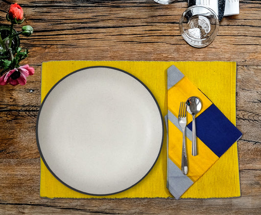 YELLOW SQUARE TABLE MATS AND HAND TOWELS - SOFT HANDLOOM COTTON-SET OF 6