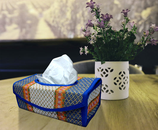 NATURAL BRIGHT BLUE TISSUE BOX HOLDER MADE OF MADURKATHI / REED / RIVER GRASS