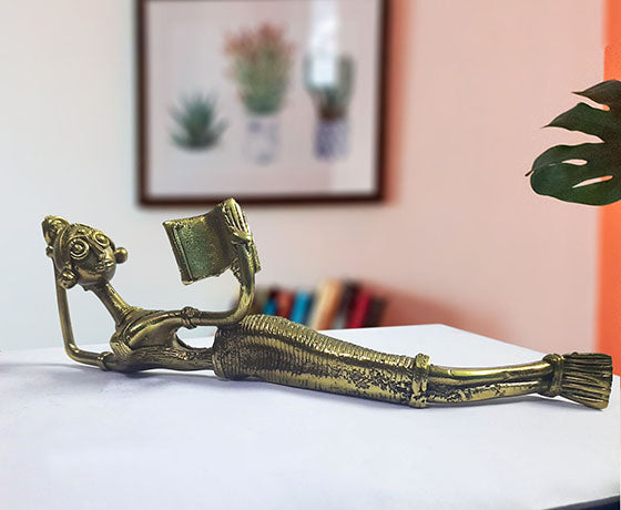 HANDMADE DOKRA BRASS LADY READING BOOK - TRADITIONAL TRIBAL ART SHOWPIECE