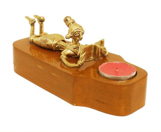 LADY READING BOOK WITH CANDLE WOODEN STAND MADE OF DOKRA METAL