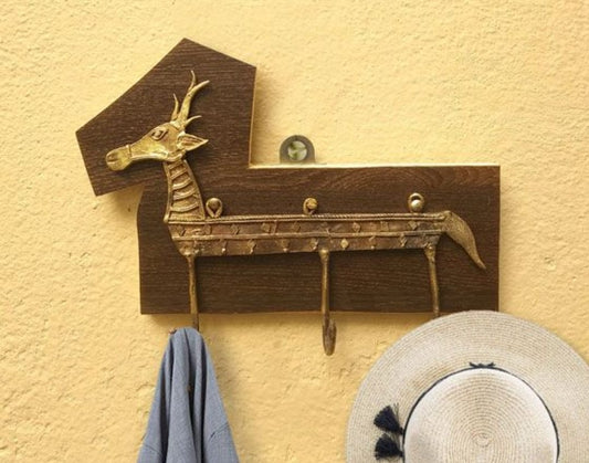 DEER SHAPED HANDMADE DOKRA BRASS ROOM HANGERS FIXED ON WOODEN BASE